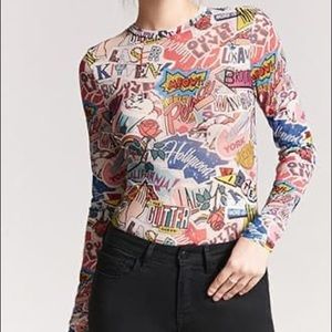 Forever 21 Rare Laser Kitten Graffiti Bodysuit